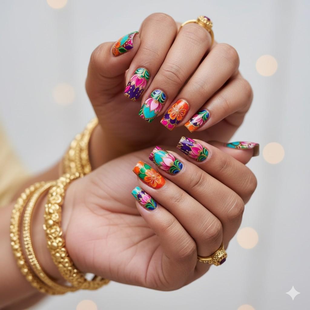 Floral Rangoli Navratri nail art