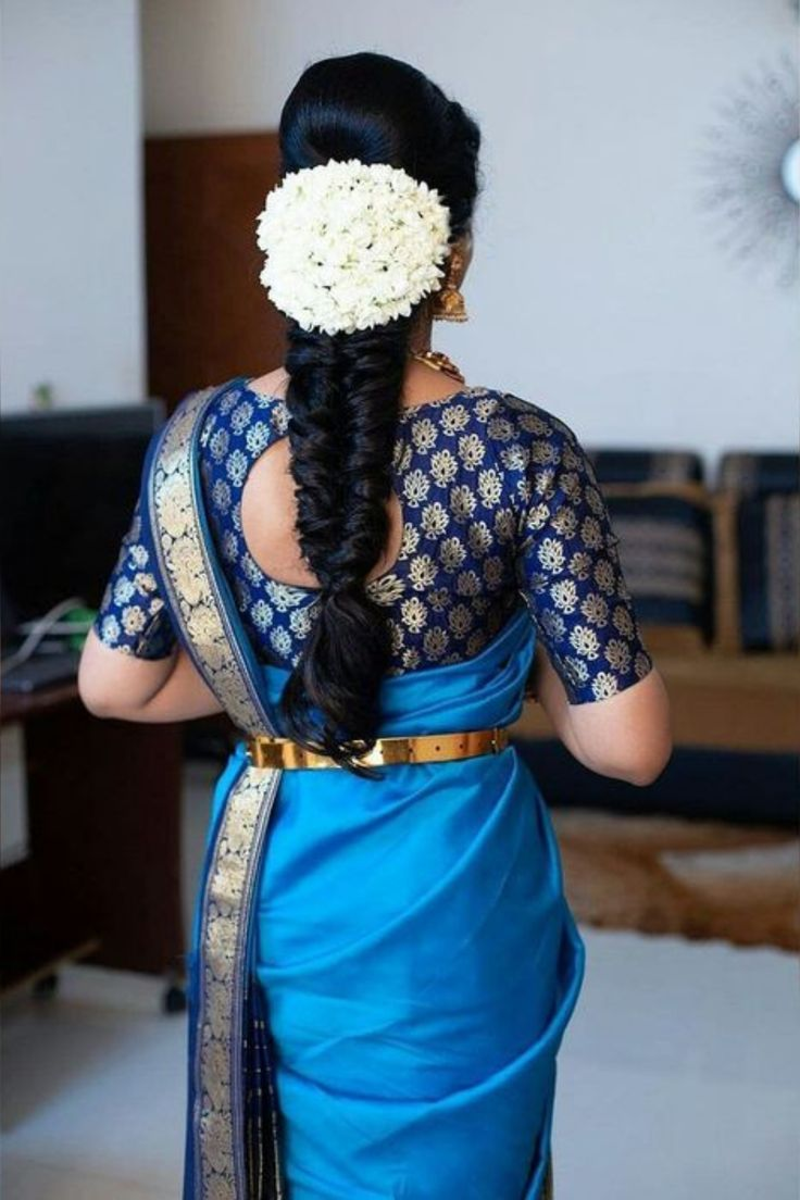 Parted Traditional Half-Updo with Gajra Wedding Hairstyle for Saree