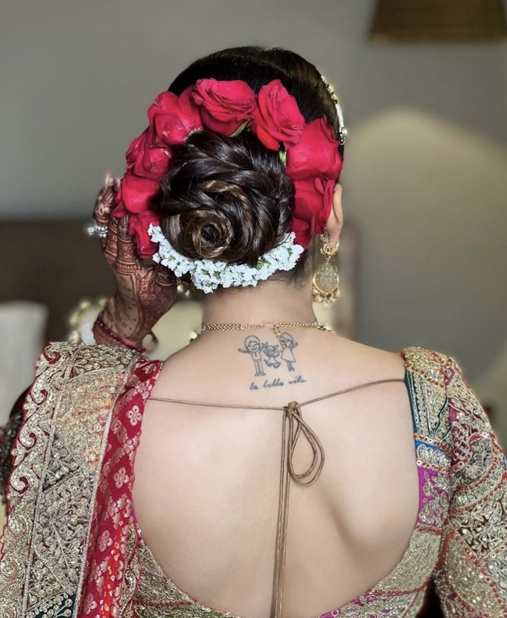 Pulled-Back Hair with Hair Roses Wedding Hairstyle for Saree
