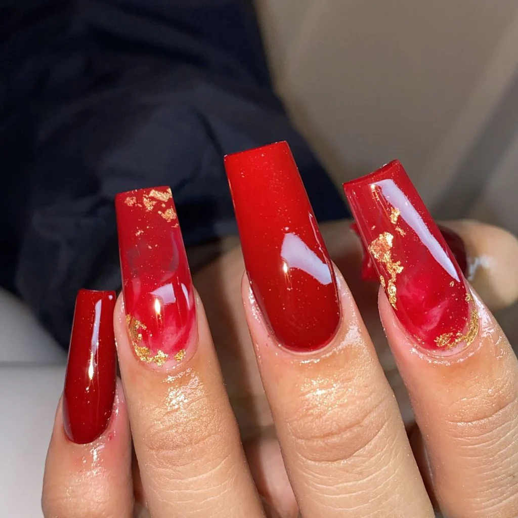 Red Bridal Nails with Gold Foil Nail Art Idea