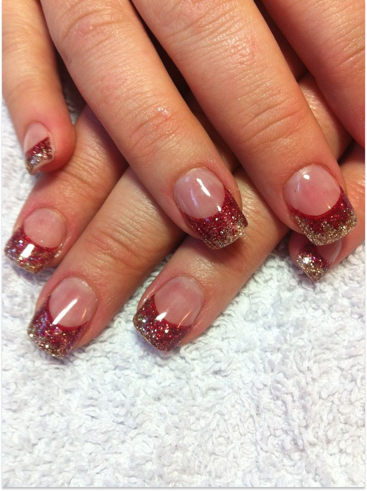 Red Gold-Stamped French Nails for Brides Nail Art Idea