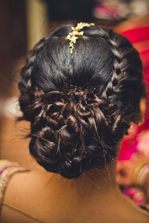 Braided Crown with Textured Bun Wedding Hairstyle for Saree