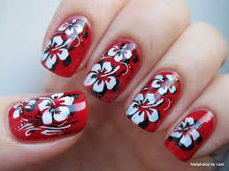 Red and Black Floral Nails