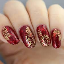 Floral Red and Gold Nail Design